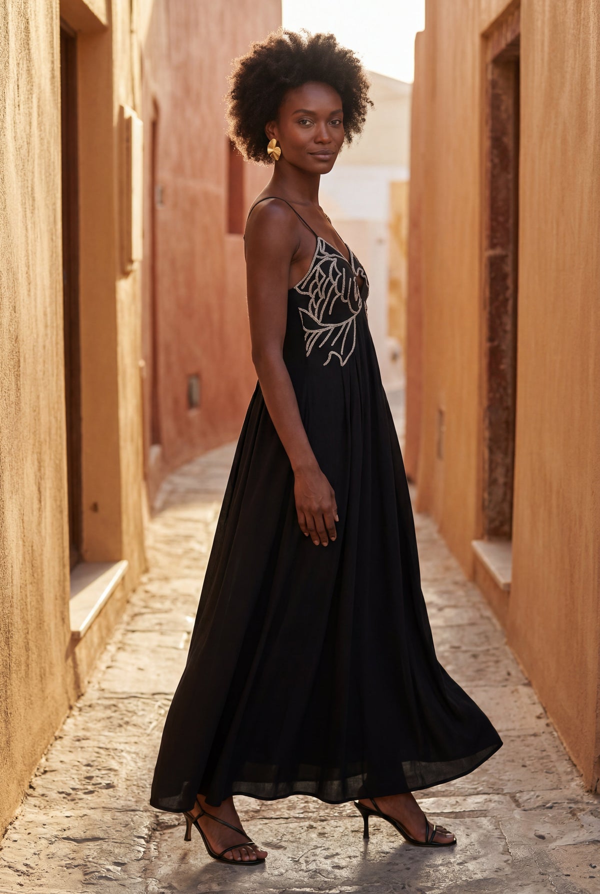 Talia | Embroidered Fish Motif Open Back Maxi Dress