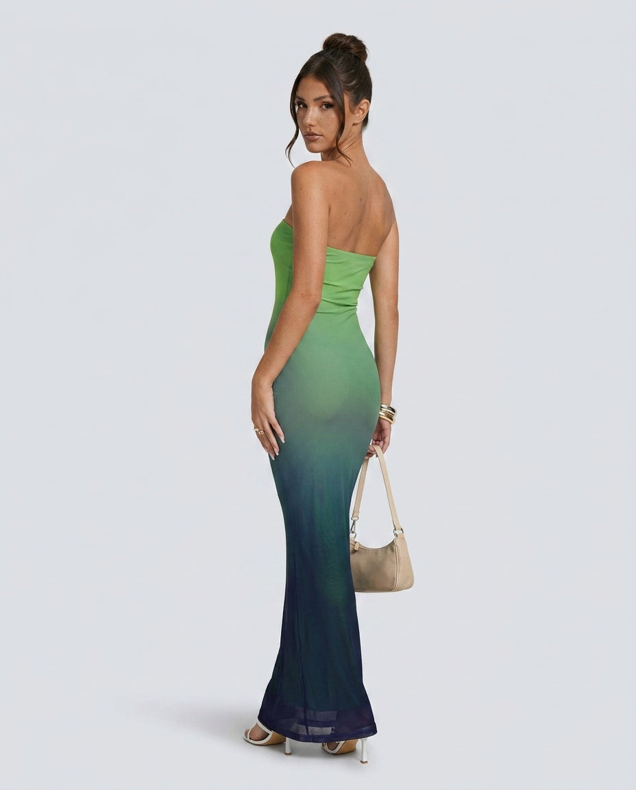 Delphine | Strapless Blue Green Ombre Maxi Dress