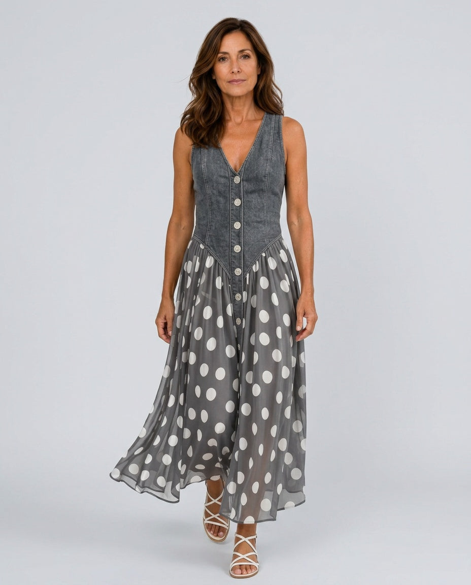 Noelia | Denim Bodice Polka Dot Midi Dress