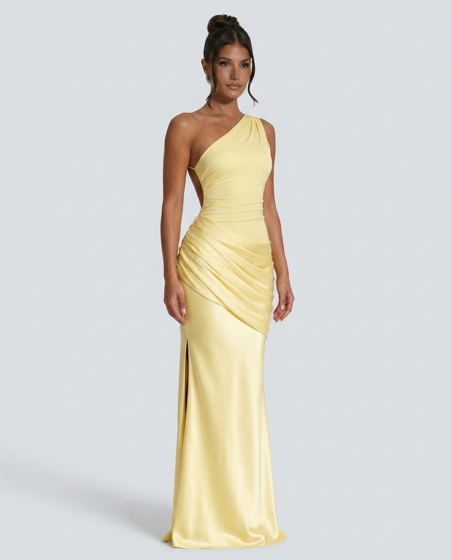 Talia | Draped Waist Satin-Look Maxi Dress