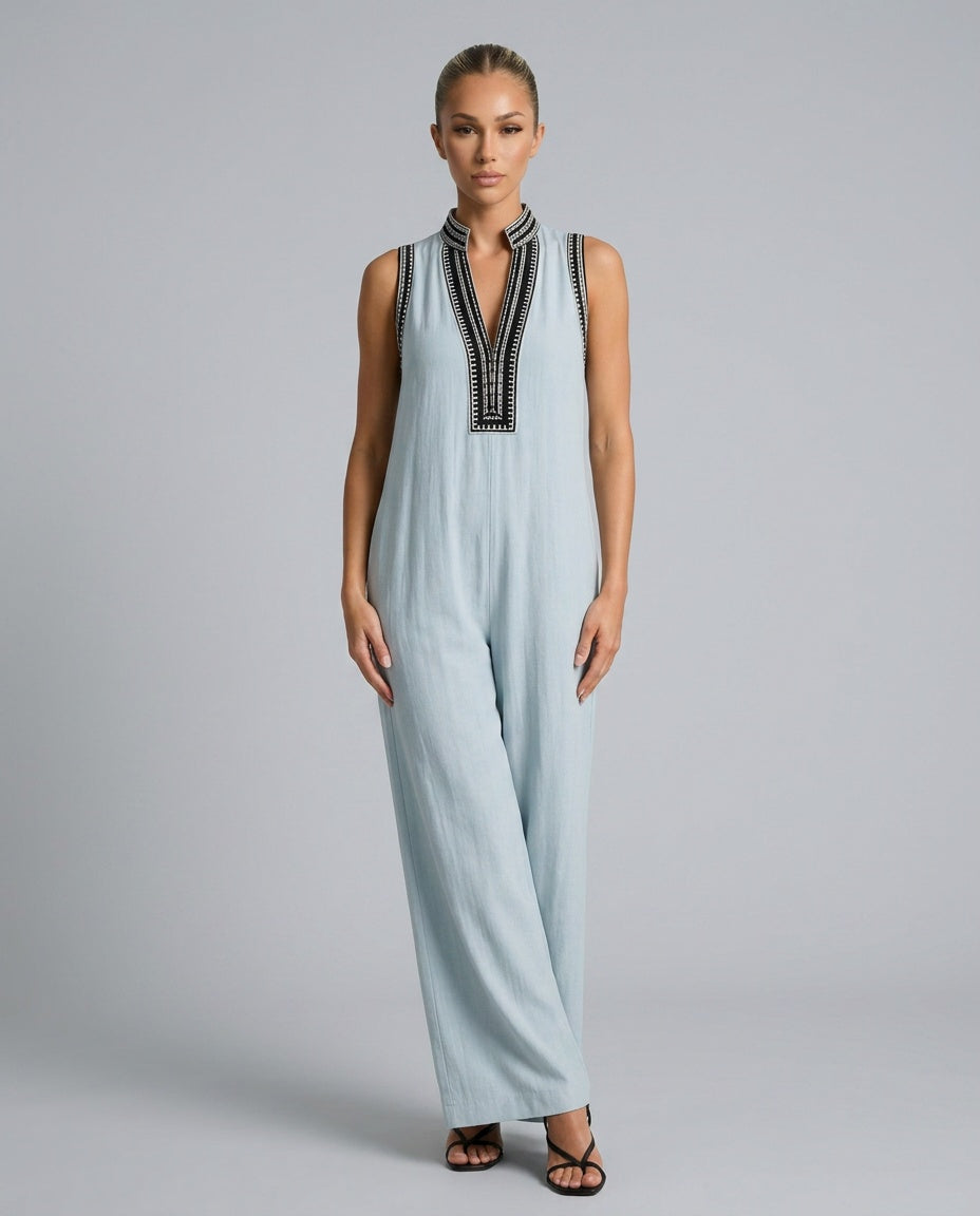 Velmira | Embroidered V-Neck Wide Leg Jumpsuit