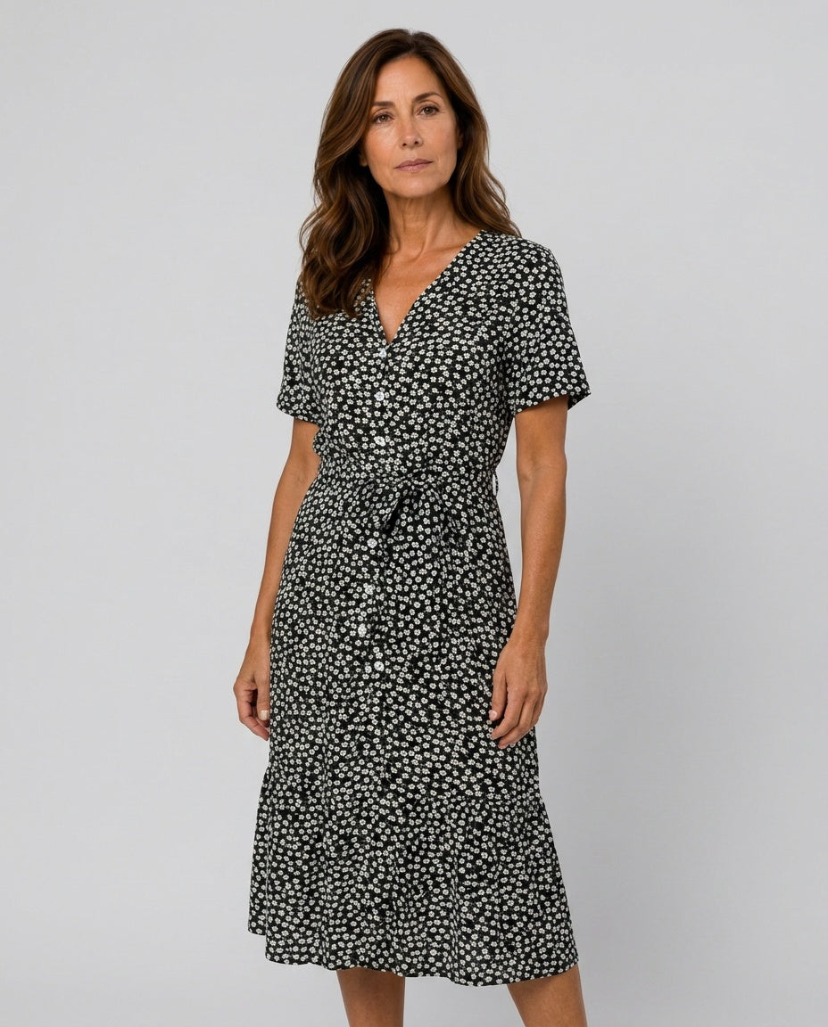 Flora | Floral Print Tie-Belt Midi Dress