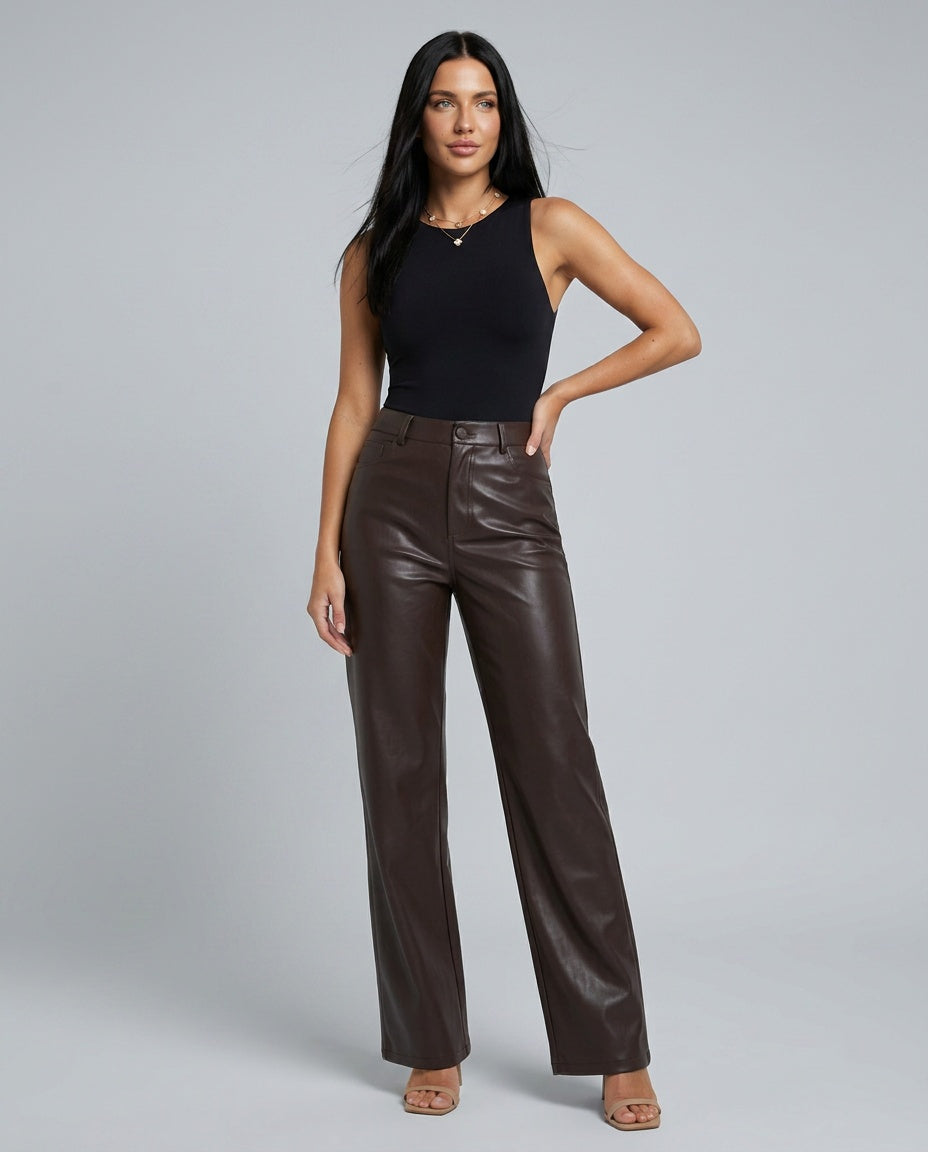 Ava | High Waist Straight Leg Faux Leather Trousers