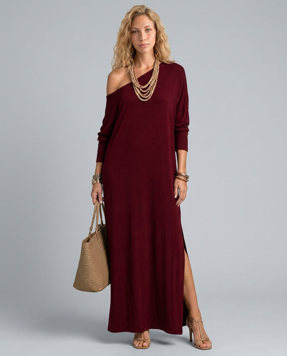 Ivy | One-Shoulder Side Slit Flowing Midi Dress