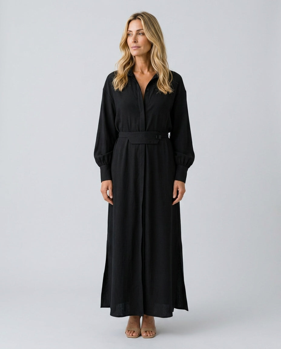 Della | Collared Belted Blouson Maxi Dress