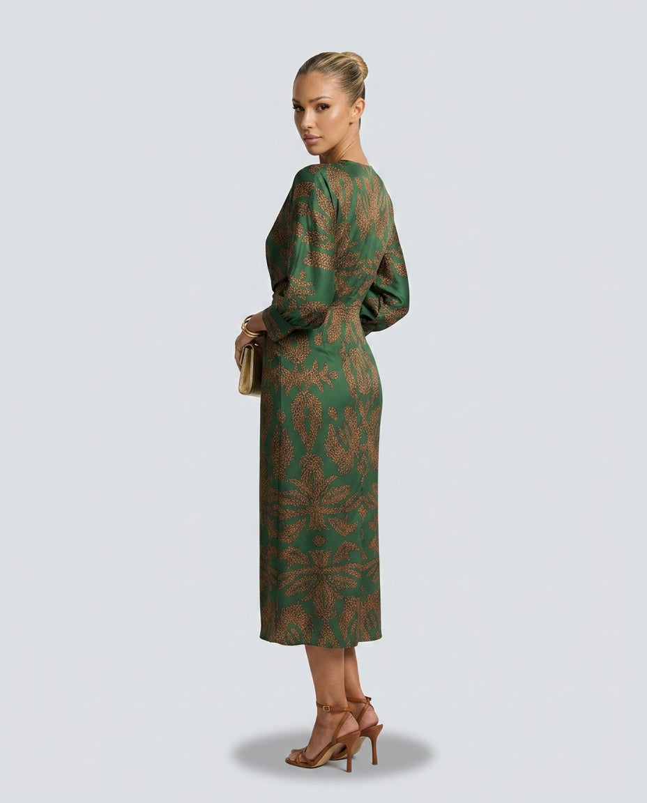 Delphine | Wrap Midi Dress in Natural Print