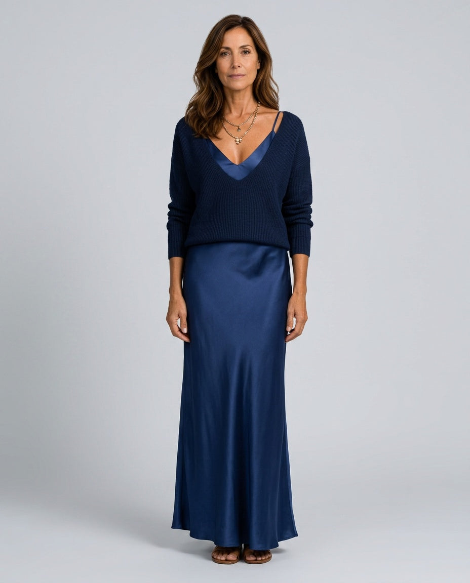 Violet | Satin-Look Maxi Dress & V-Neck Jumper Co-ord Set