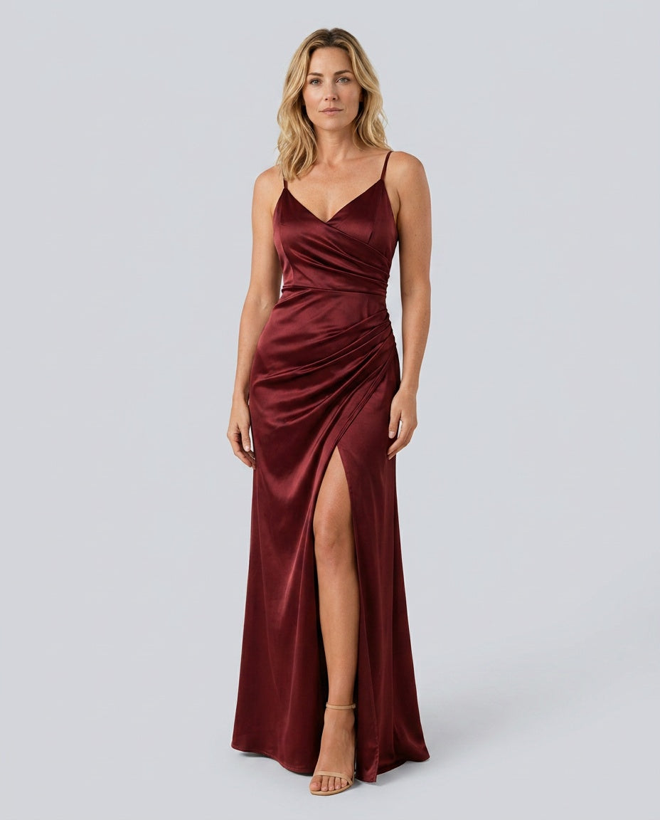 Nina | V-Neck High Split Satin-Look Midi Dress