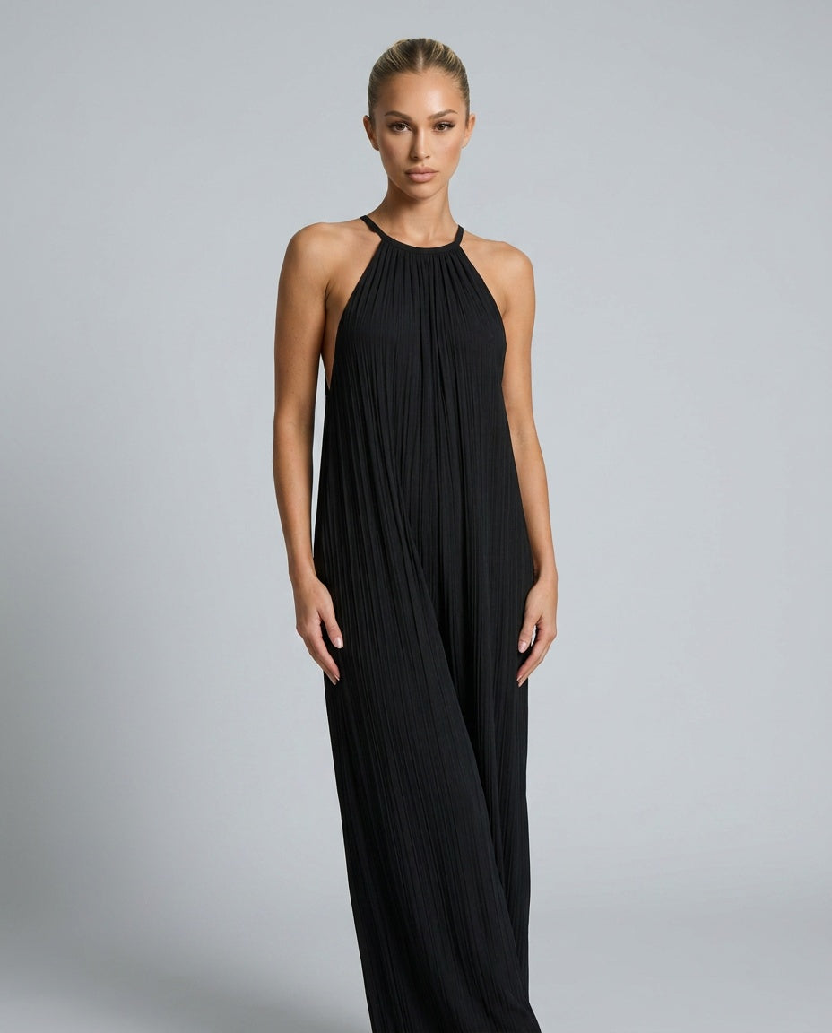 Sylvara | Pleated Halter Neck Wide Leg Jumpsuit