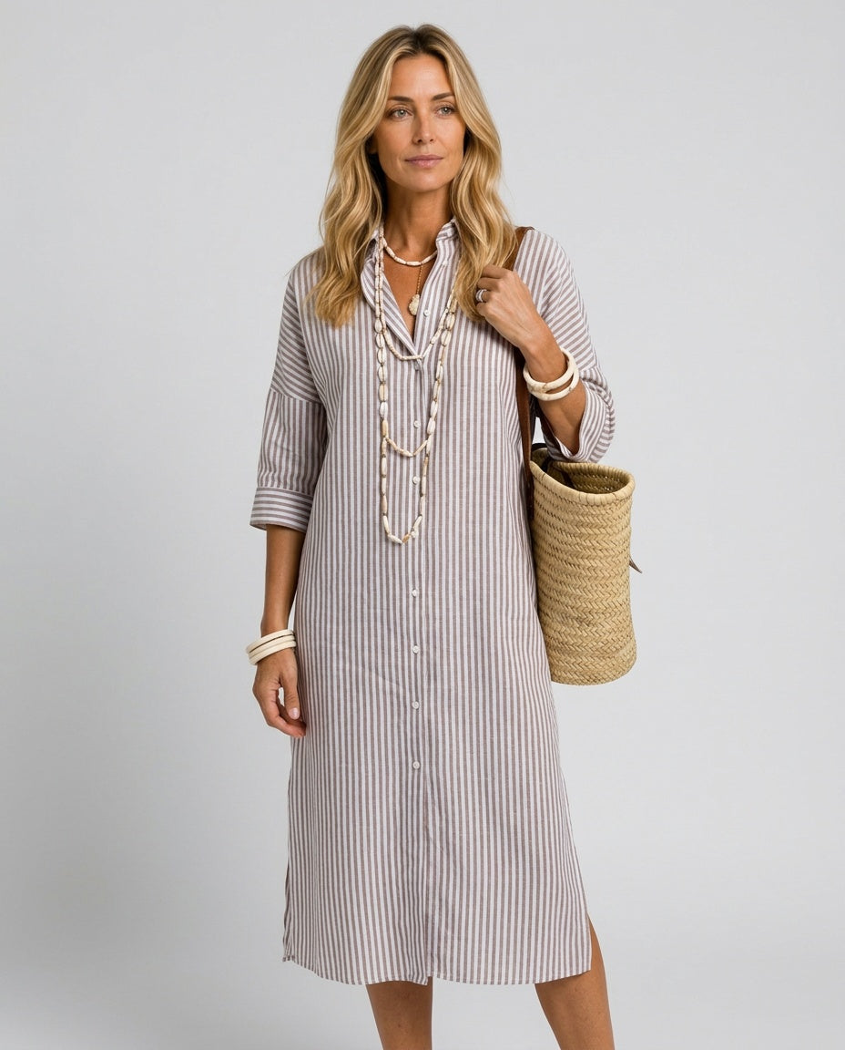 Josie | Striped Linen-Blend Shirt Collar Midi Dress
