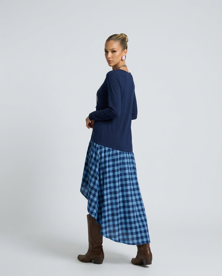 Reva | Gathered Gingham Asymmetric Maxi Dress