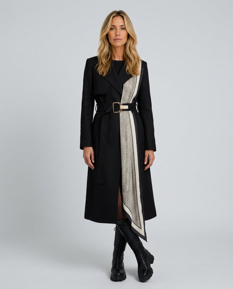 Noelia | Belted Geometric Scarf Midi Coat