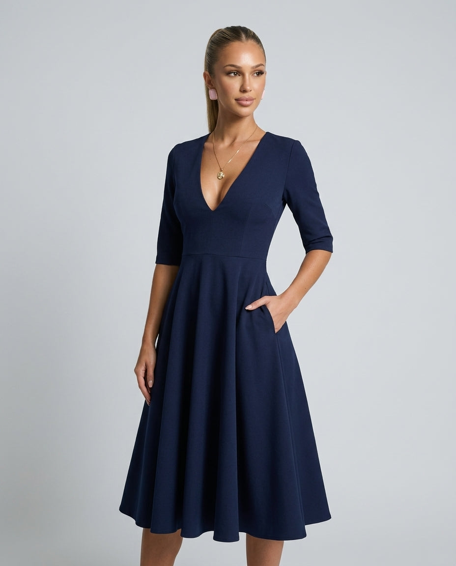 Delphine | A-Line V-Neck Pocket Midi Dress