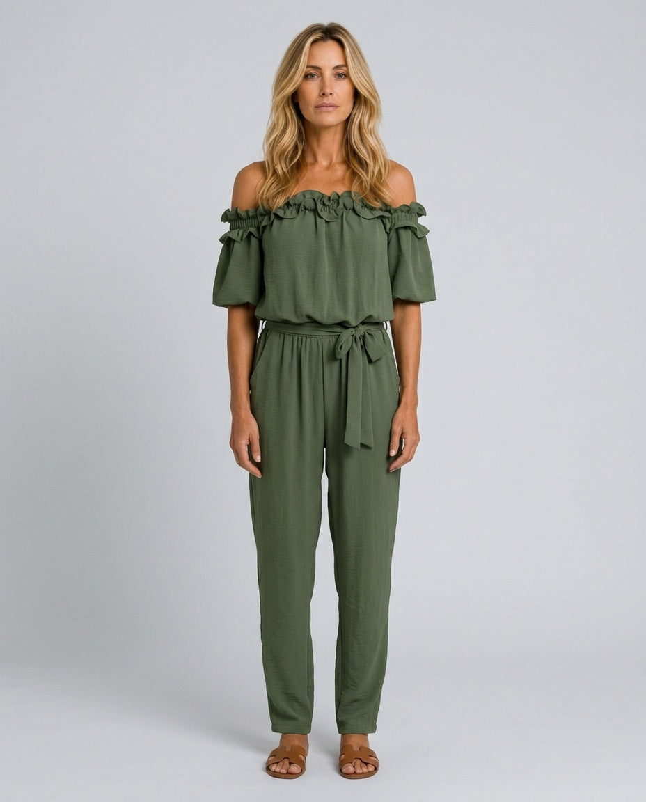 Isabela | Off-Shoulder Frill Wide-Leg Jumpsuit