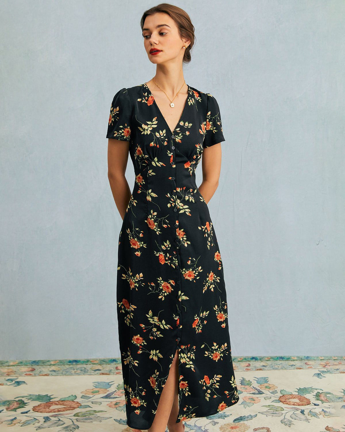 Adeline | V-Neck Floral Short Sleeve Maxi Dress