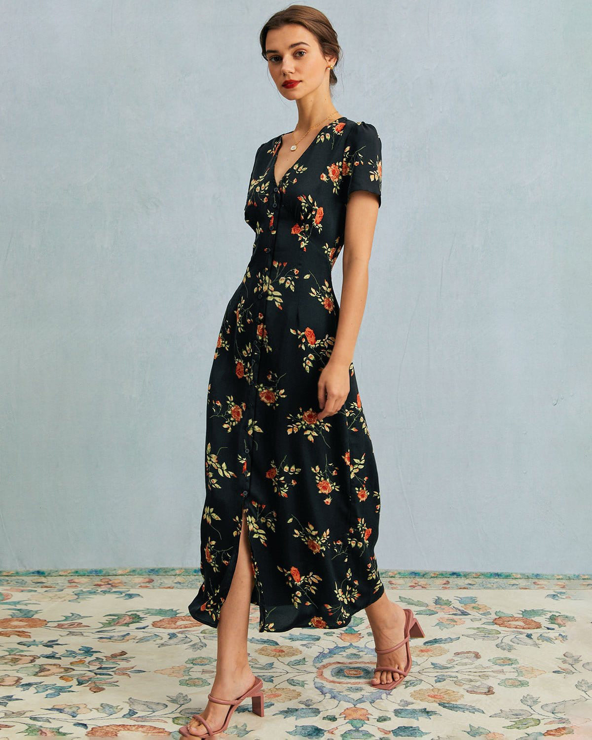Adeline | V-Neck Floral Short Sleeve Maxi Dress
