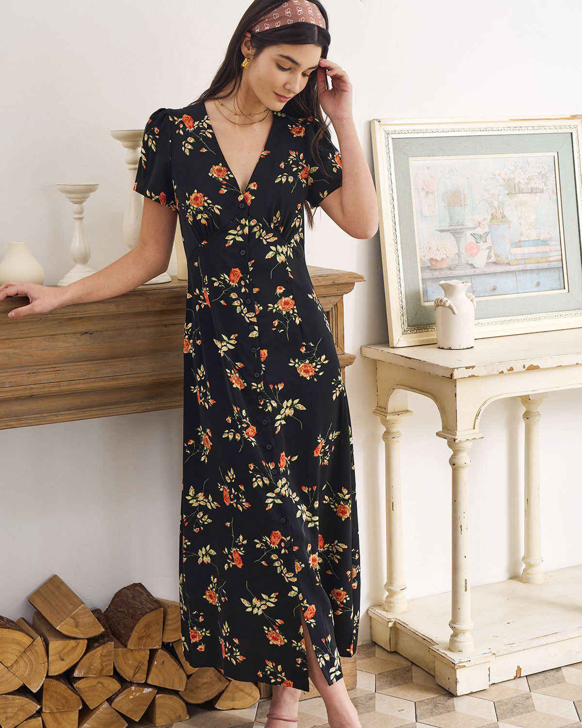 Adeline | V-Neck Floral Short Sleeve Maxi Dress