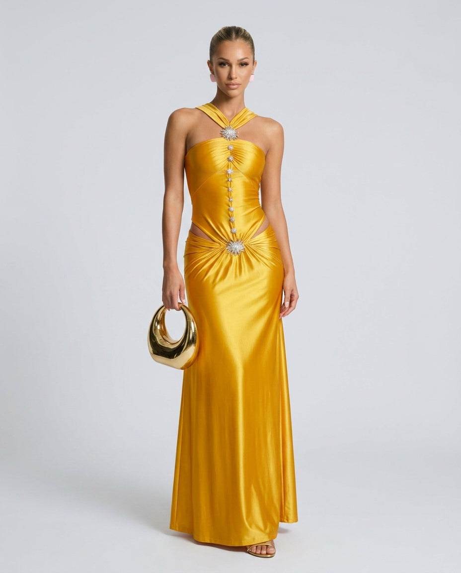 Rosa | Crystal Cutout Satin-Look Maxi Dress