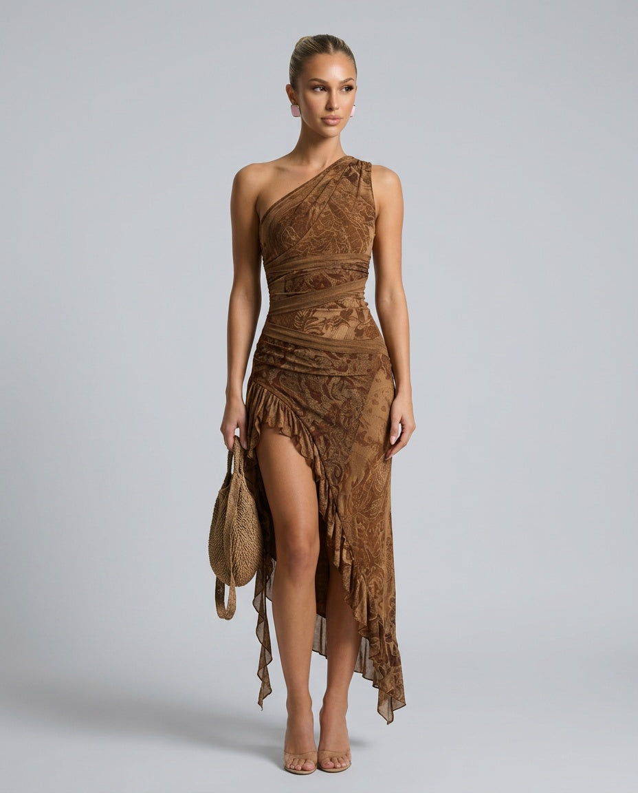 Marley | One-Shoulder Ruffled Slit Maxi Dress