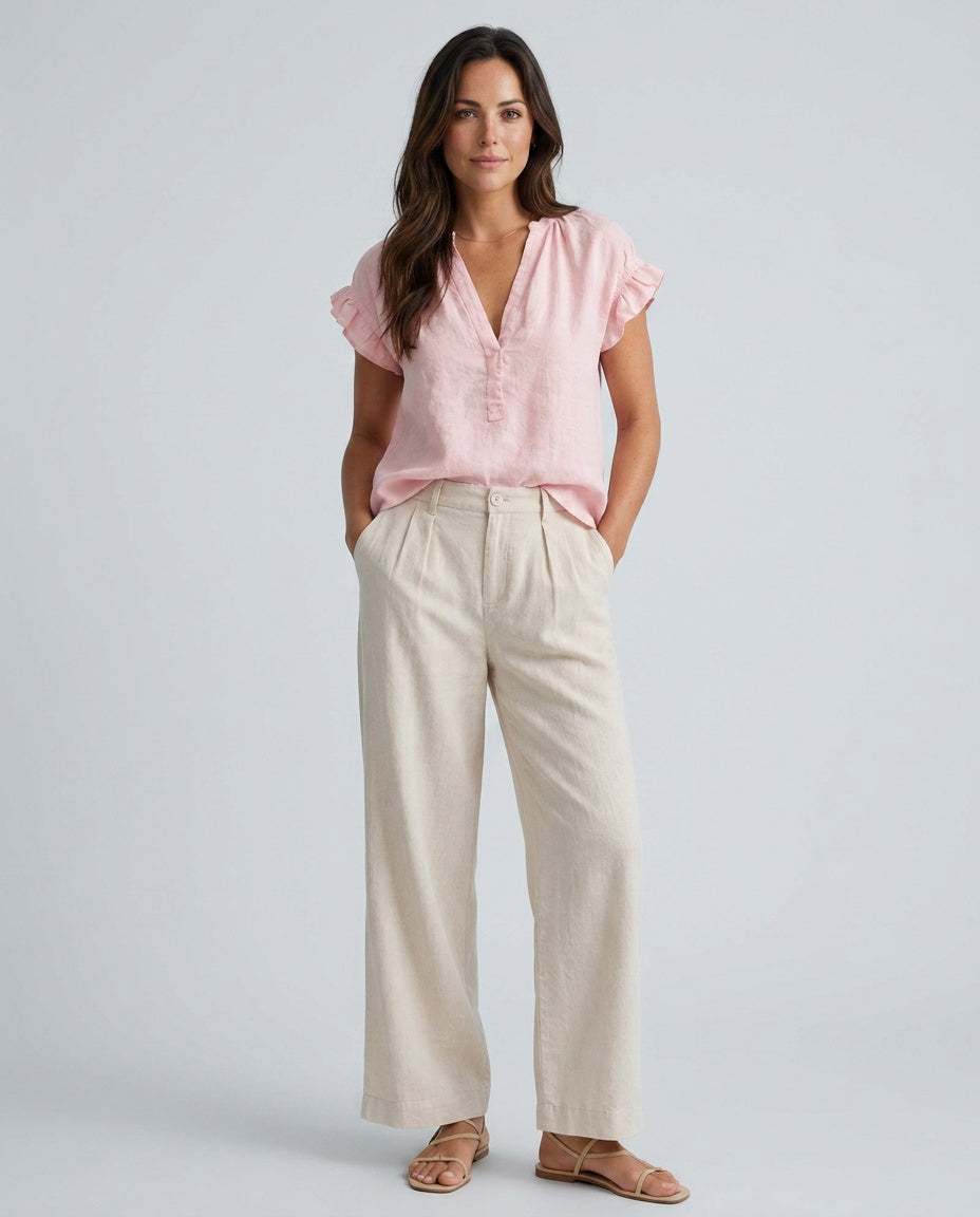 Ines | V-Neck Flared Sleeve Linen-Blend Blouse