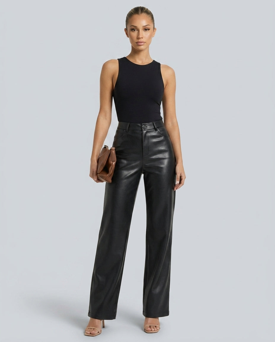 Ava | High Waist Straight Leg Faux Leather Trousers