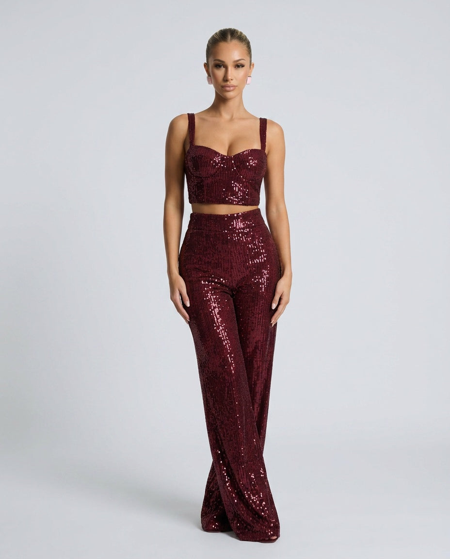 Aubrey | High Waist Glitter Wide Leg Trousers