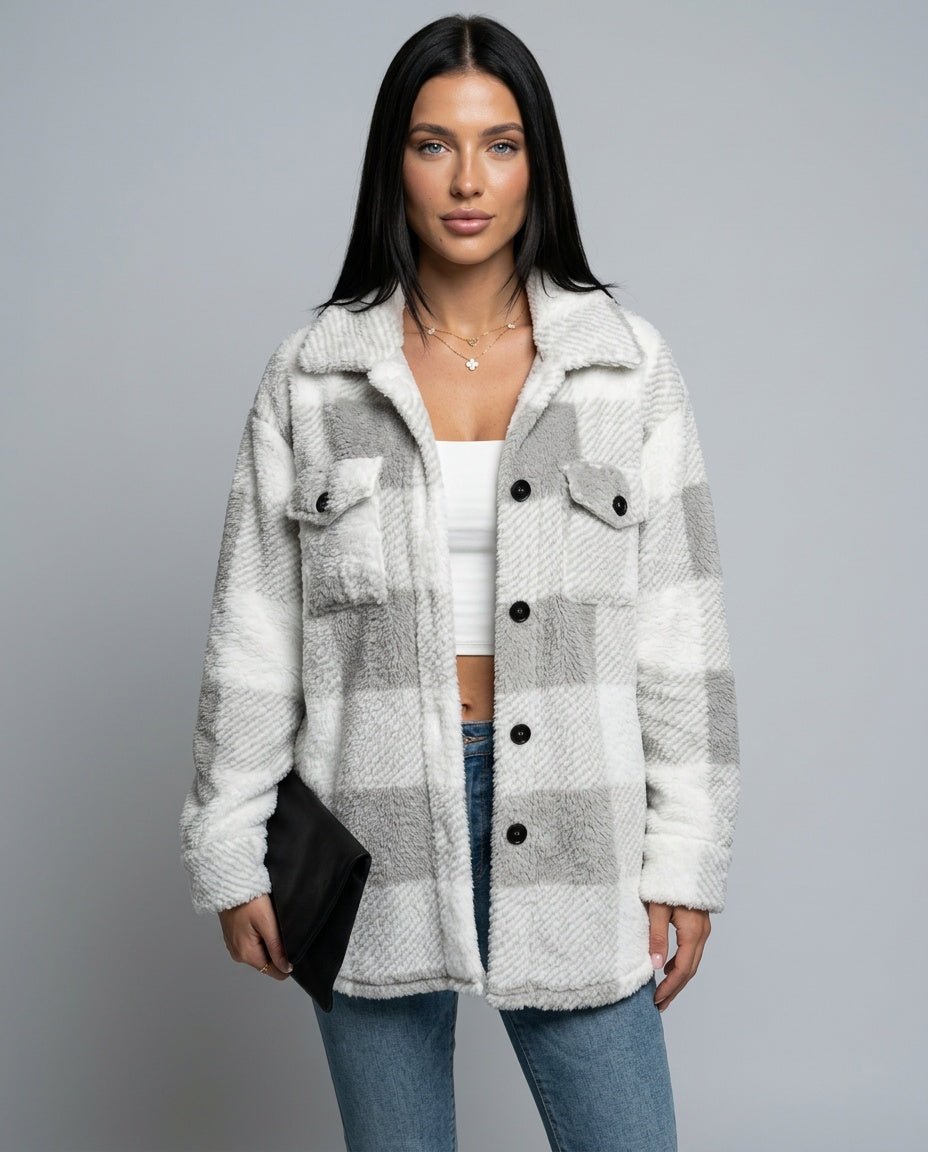 Piper | Check Print Button Front Sherpa Jacket