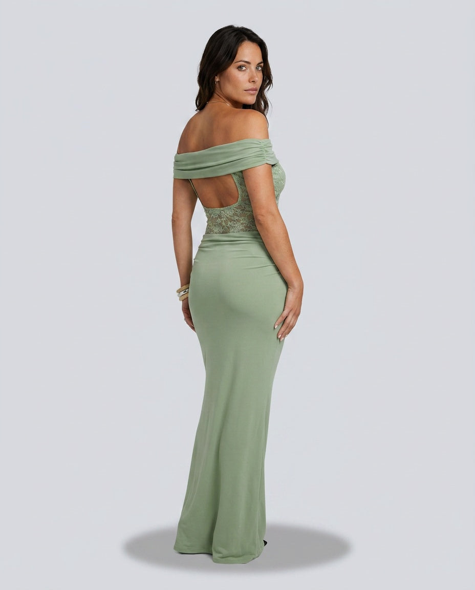 Gwendolen | Off-Shoulder Ruched Lace Maxi Dress