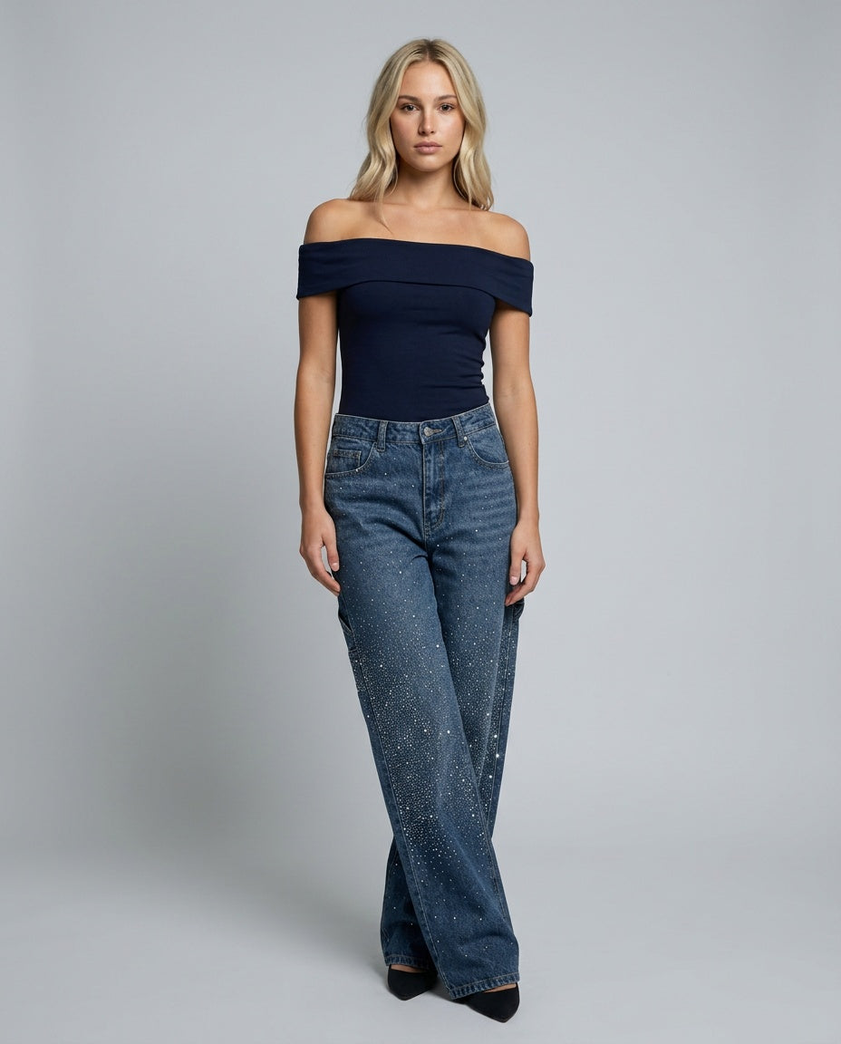 Dazzle | Rhinestone Wide-Leg Denim Trousers