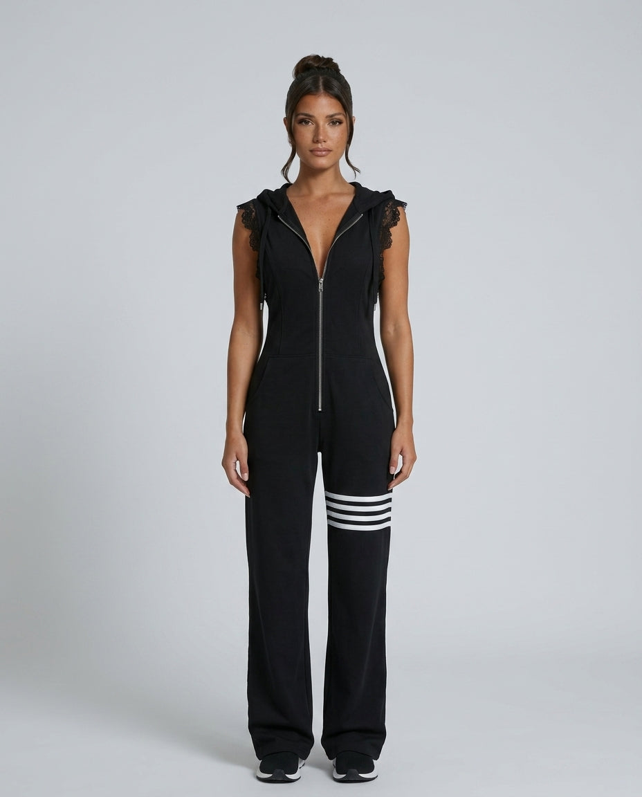 Ryva | Hooded Striped Retro Sports Jumpsuit