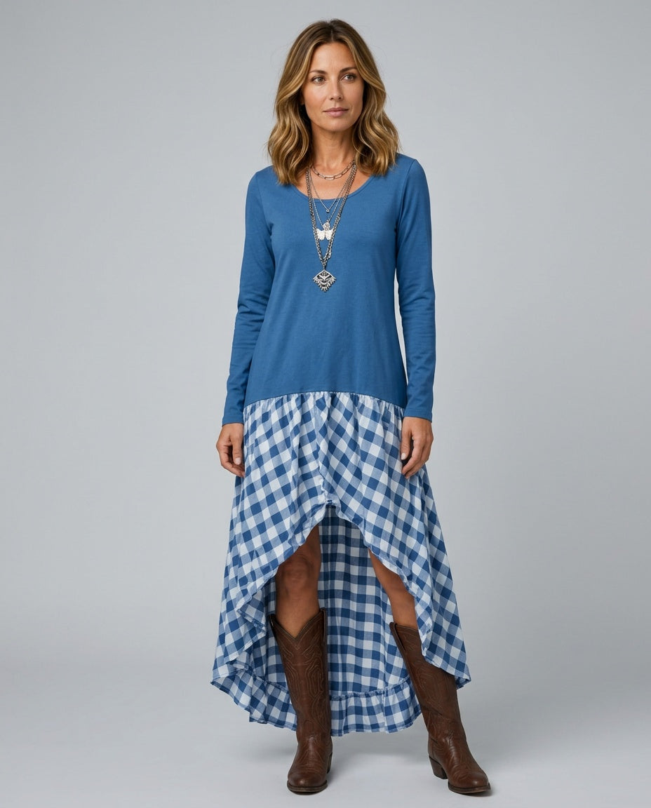 Reva | Gathered Gingham Asymmetric Maxi Dress
