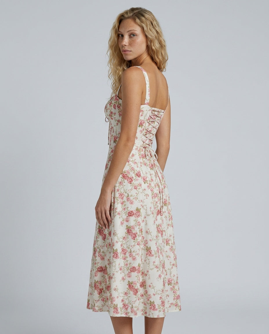 Renata | Floral Corset Lace-Up Midi Dress