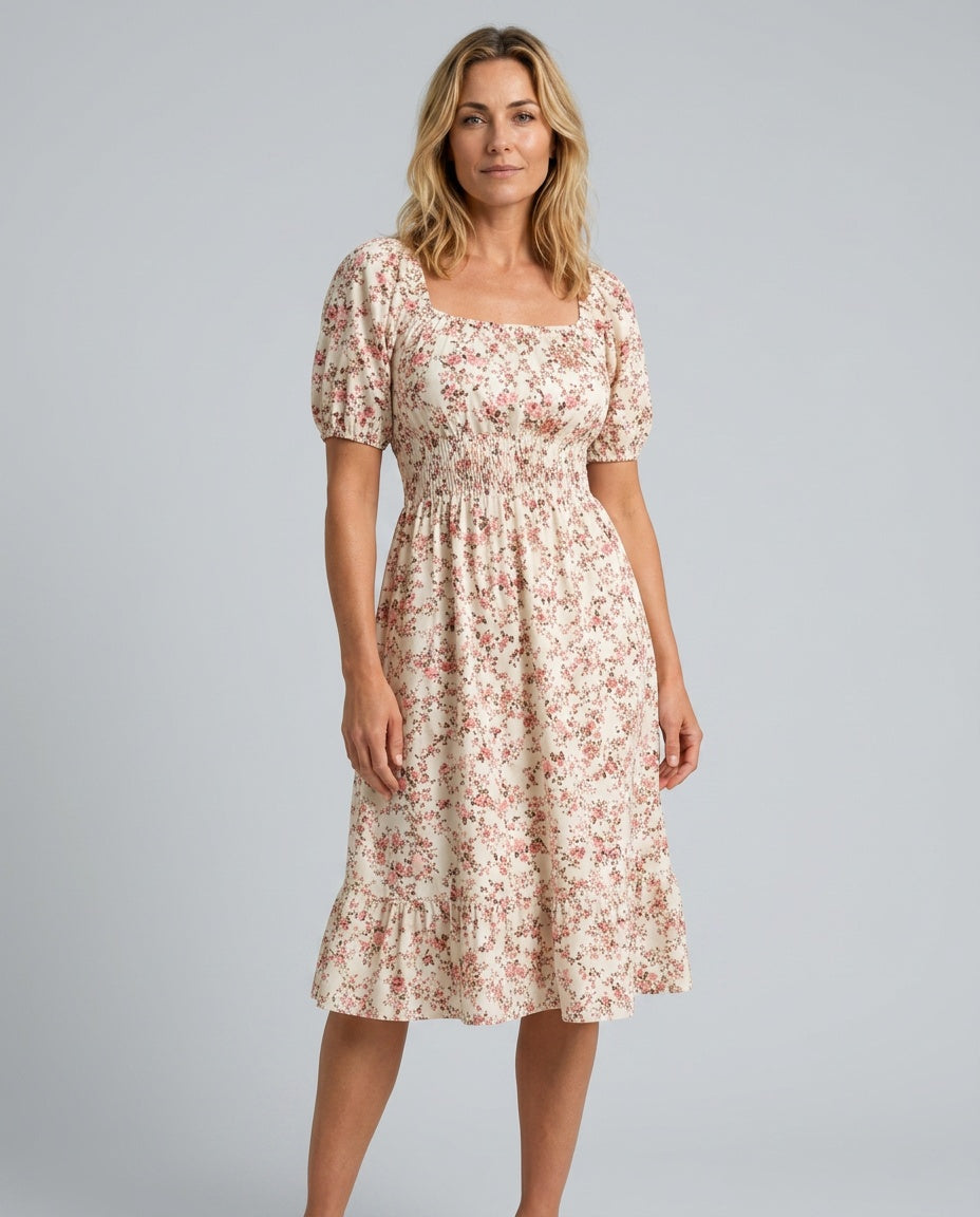 Sloane | Floral Smocked Square Neck Midi Dress