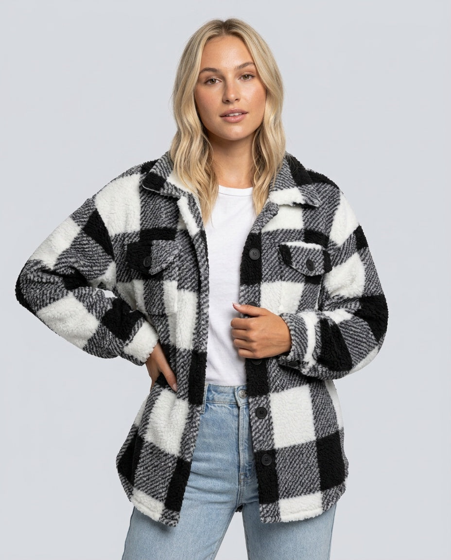 Piper | Check Print Button Front Sherpa Jacket