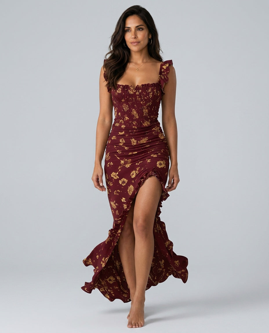 Belen | Boho Floral Ruched Side Slit Maxi Dress