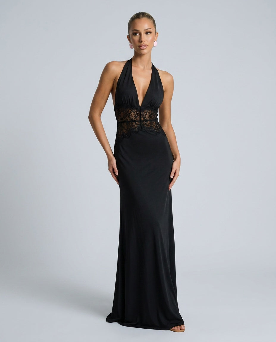 Stella | Halter Neck Lace Waist Satin-Look Maxi Dress