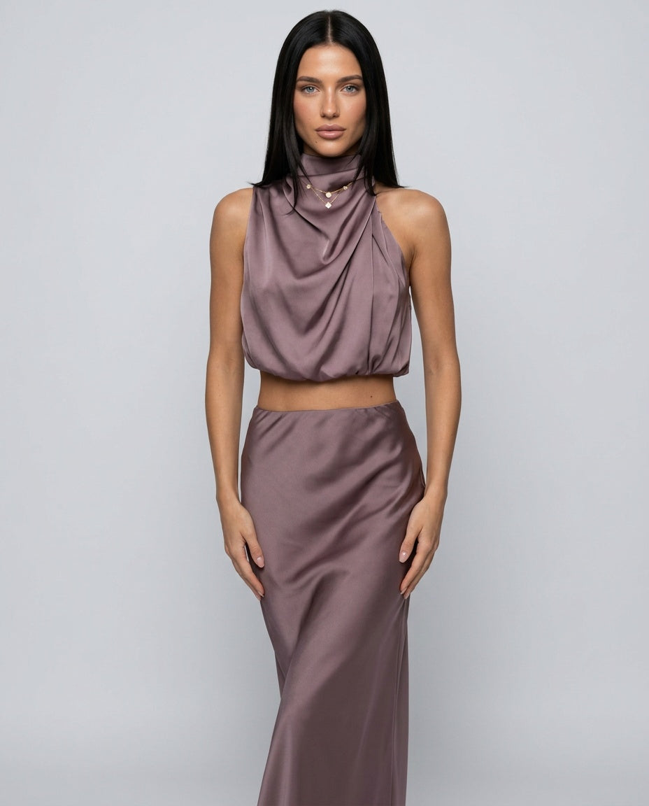Cora | Halter Crop Top & High Waist Midi Skirt Set