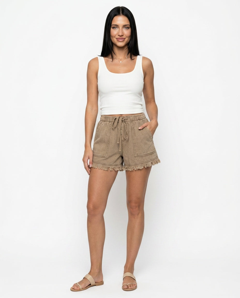Florencia | Elastic Waist Raw Hem Denim-Look Shorts
