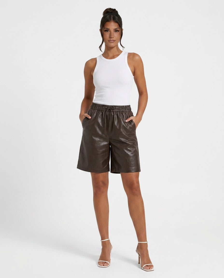 Tazmira | Faux Leather Bermuda Shorts with Elastic Waist