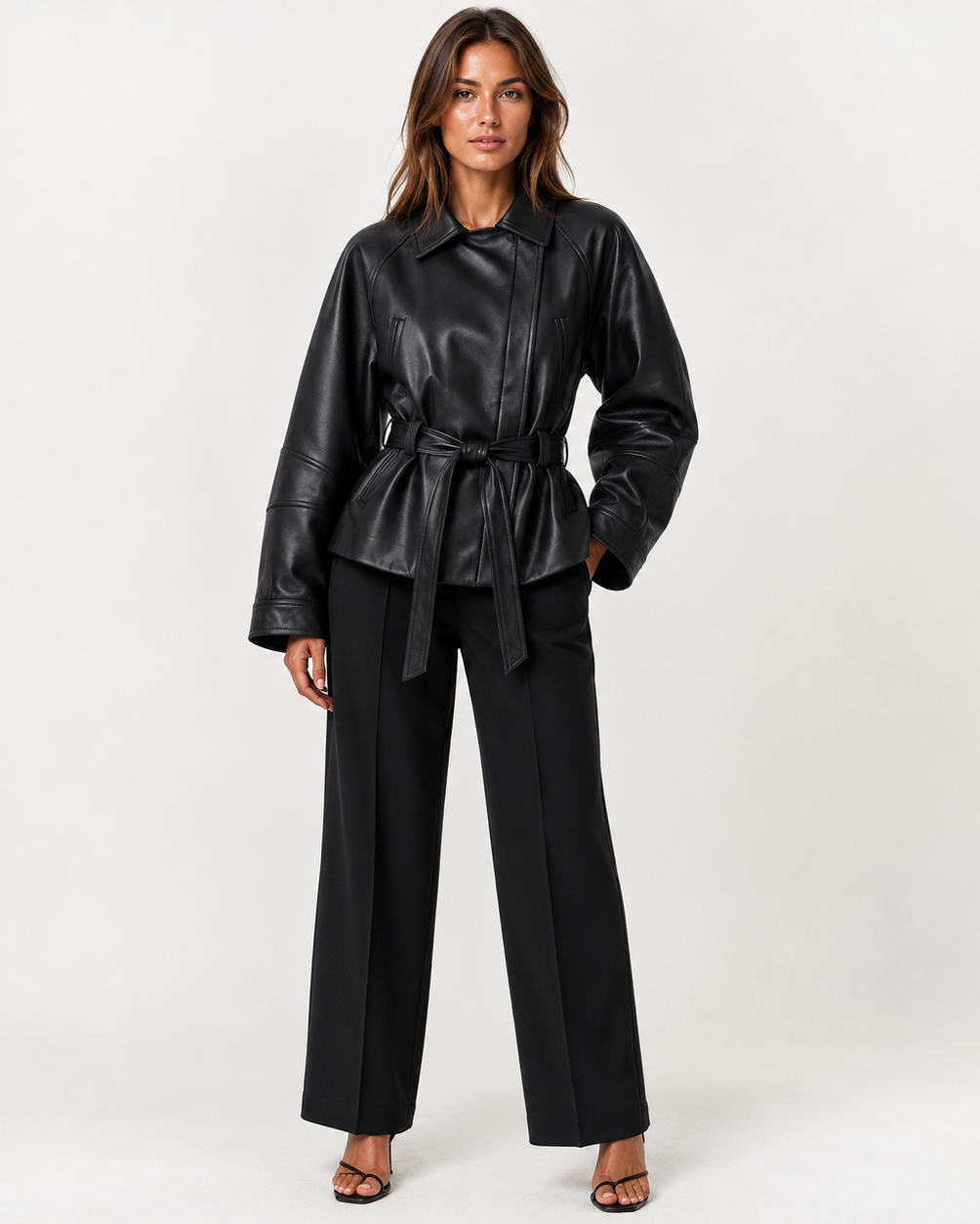 Giselle | Belted Zip-Front Faux Leather Jacket