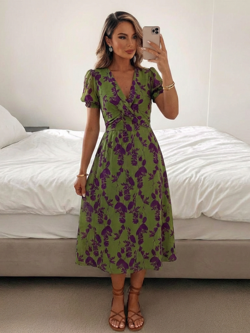 Noor | Short Sleeve Floral V-Neck Midi Dress