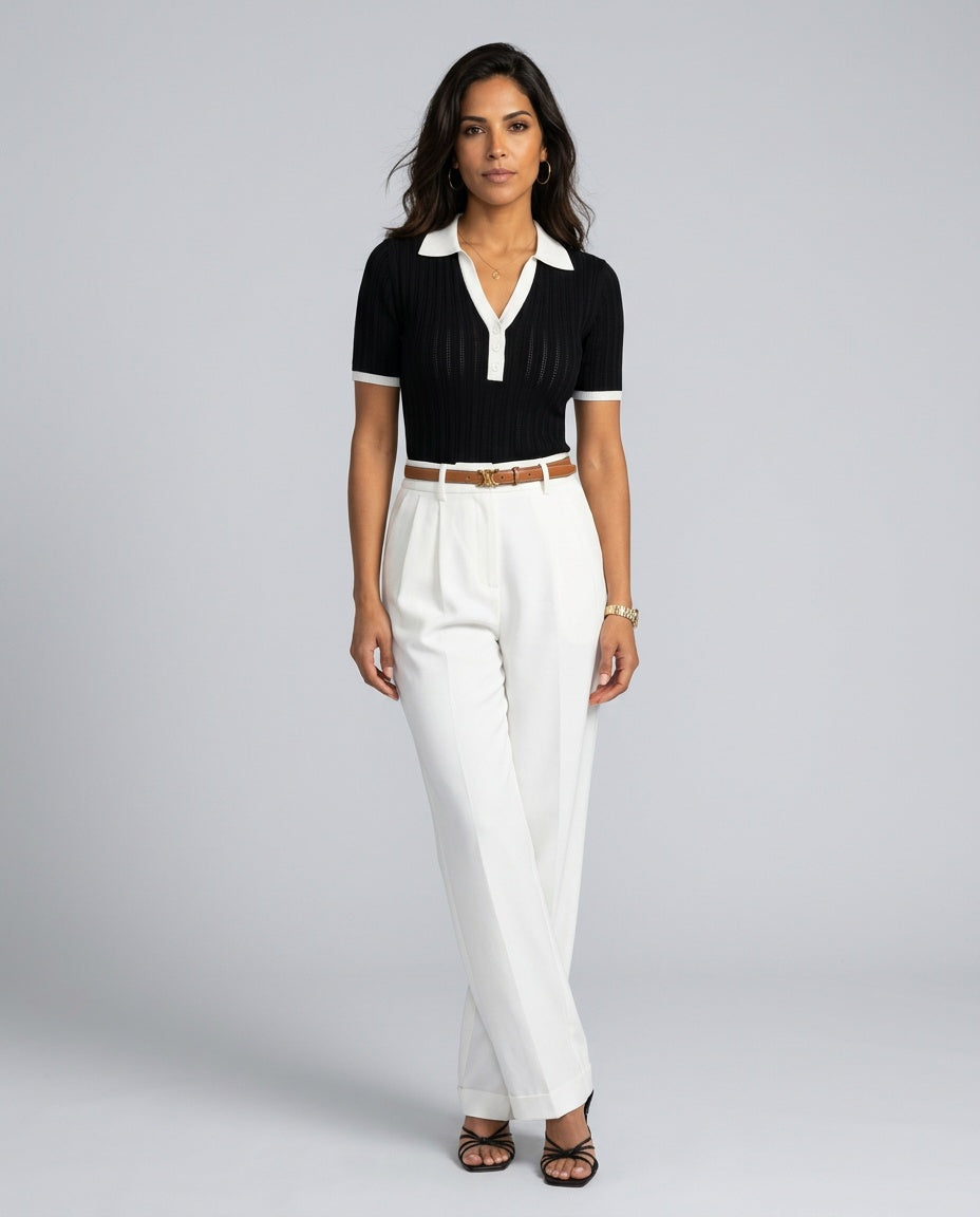 Margot | Short Sleeve Ribbed Knit Polo Top