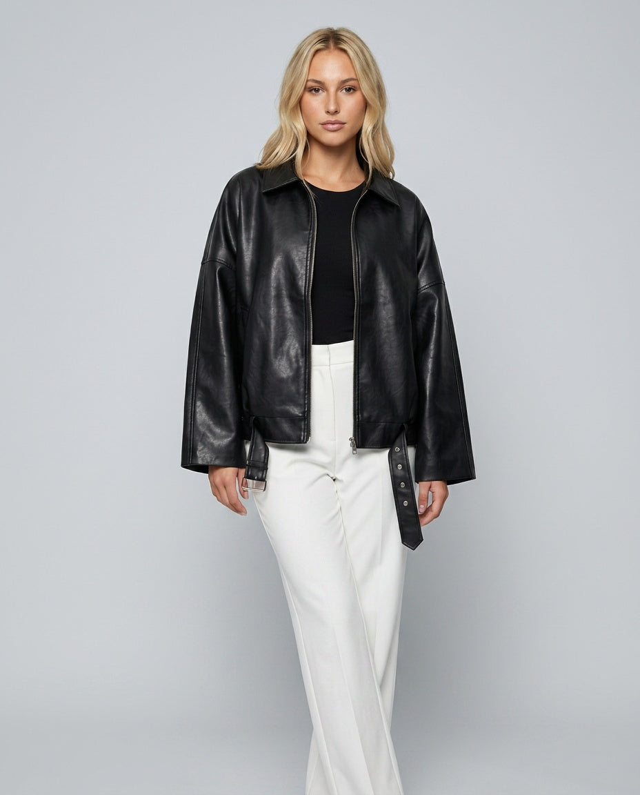 Raven | Oversized Patchwork Faux Leather Bomber Jacket