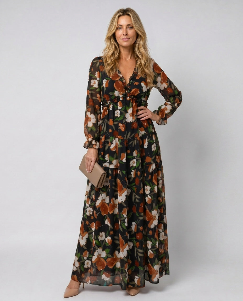 Frankie | Floral Print Long Sleeve Tiered Maxi Dress