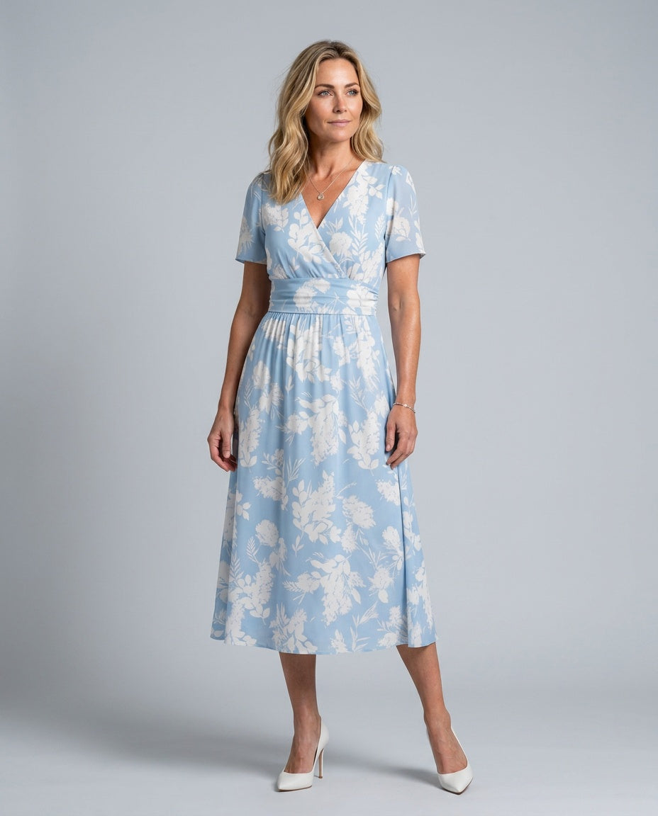 Jimena | Floral Print Short Sleeve V-Neck Midi Dress