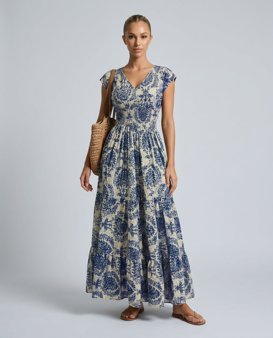 Seraphina | Cap Sleeve V-Neck Bohemian Maxi Dress