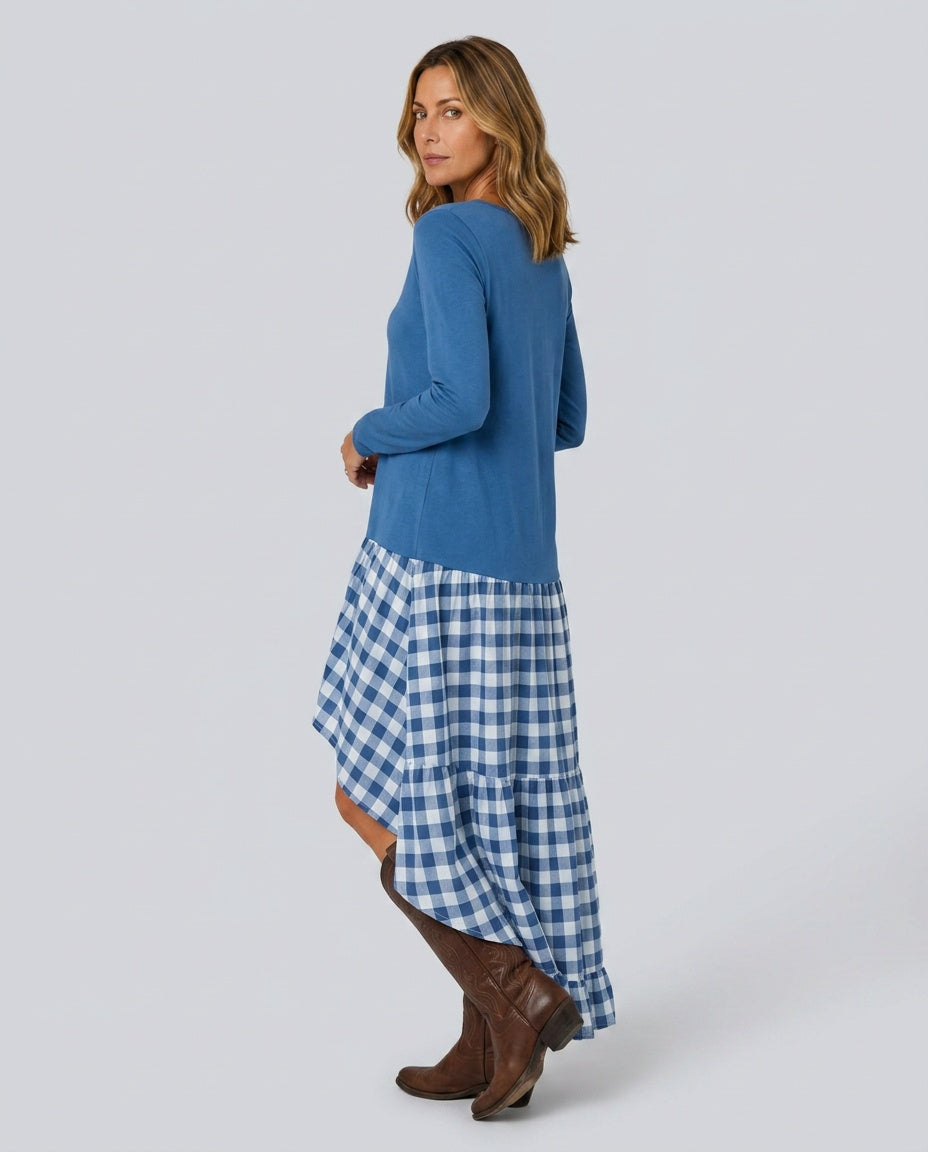 Reva | Gathered Gingham Asymmetric Maxi Dress
