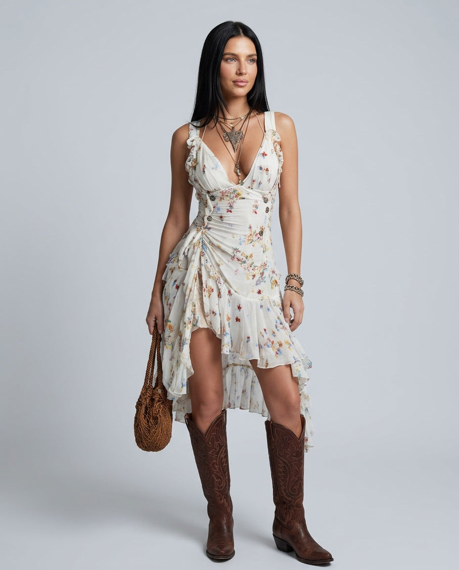 Ilara | Retro Floral V-Neck Spaghetti Strap Mini Dress