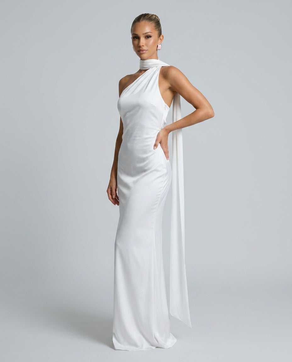 Savannah | One-Shoulder Scarf Detail Satin-Look Maxi Dress