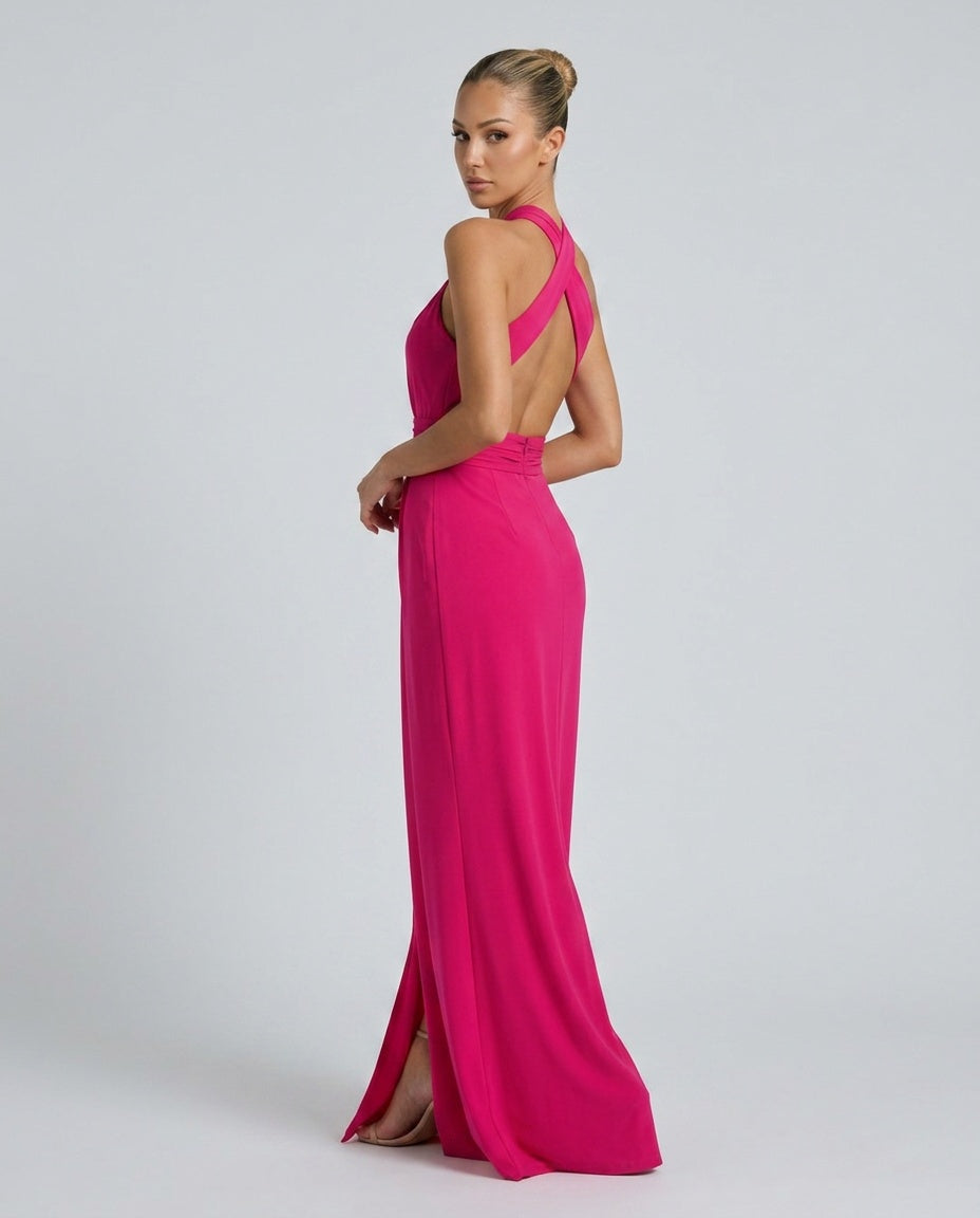 Edith | Cross Halter Draped Side Slit Midi Dress